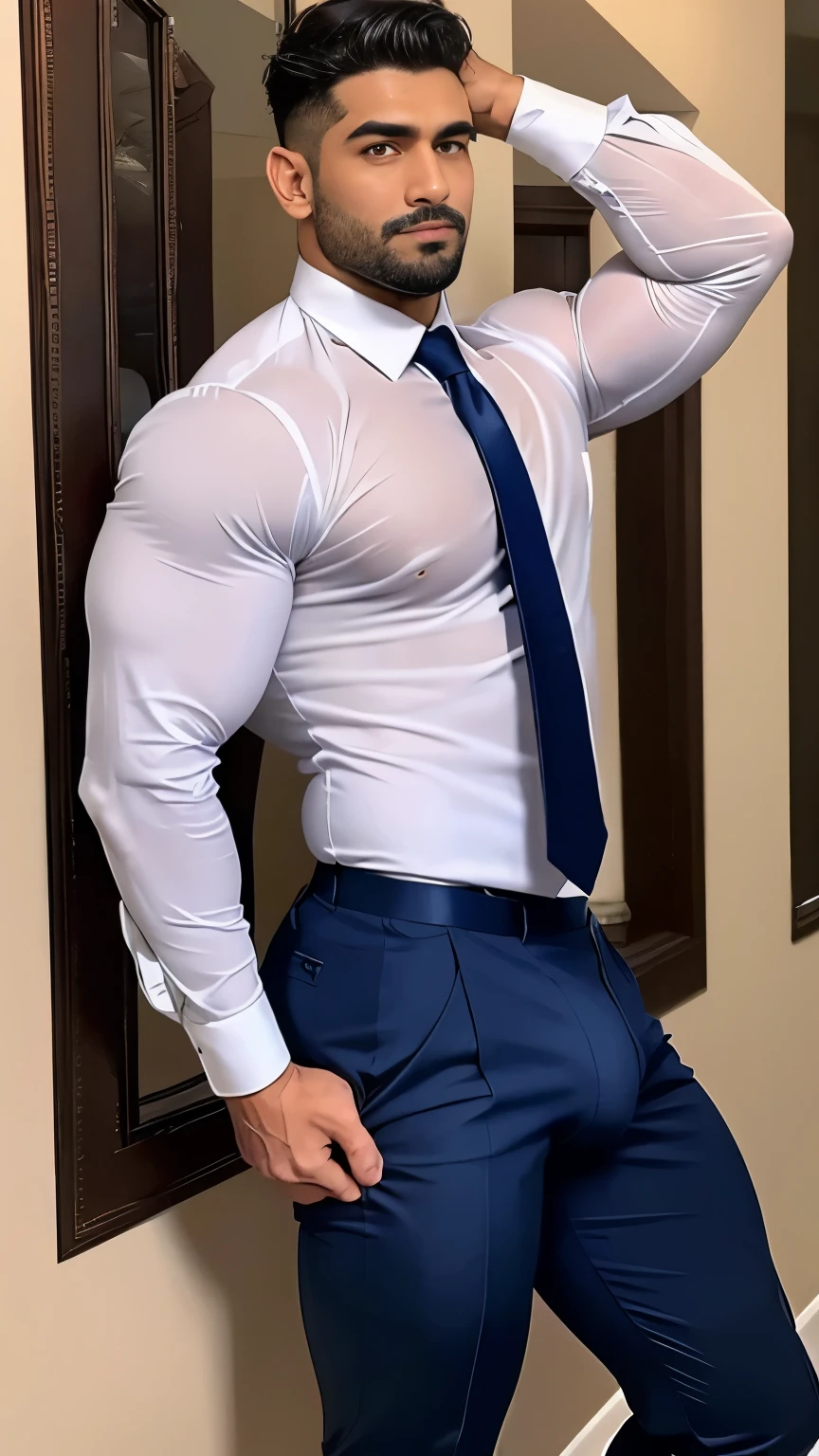30-year-old boy holded his bulge ,Indian muscular male executive formal work uniform shirt, wearing tie................ navy blue sexy man thong only... no pants.... dripping on body and pants....................,legs wide open, legs on shoulder, missionary POV, drenching sweet, holding bulge, bulge dripping , all soaked wet