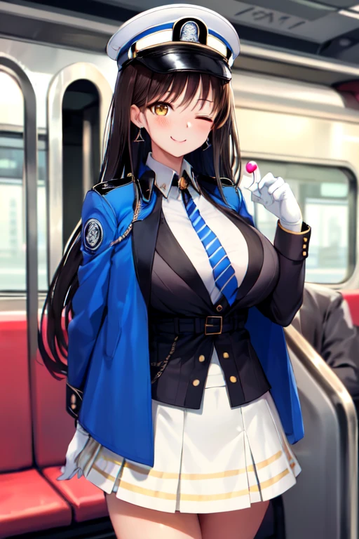 diesel \(nikke\),1 mature female, long hair,  standing, looking at viewer, smile, yellow eyes, earrings, jewelry, jacket on shoulders, white shirt, collared shirt, striped, blue necktie, white gloves, white skirt, blue headwear, peaked cap, train, cockpit, blush, strawberry, candy, lollipop, one eye closed,