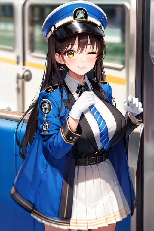 diesel \(nikke\),1 mature female, long hair,  standing, looking at viewer, smile, yellow eyes, earrings, jewelry, jacket on shoulders, white shirt, collared shirt, striped, blue necktie, white gloves, white skirt, blue headwear, peaked cap, train, cockpit, blush, strawberry, candy, lollipop, one eye closed,