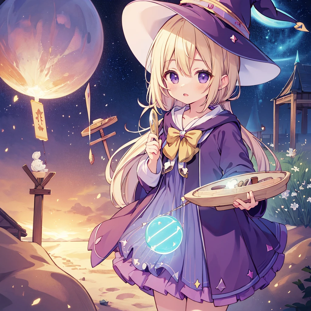 piece
,absurderes, hight resolution, (Anime style:1.1), ((masutepiece)), ((Best Quality)), (Ultra-detailed), (Beautiful),Beautiful face、(liftup),Cute  s、(sandbox:1.4),in a panoramic view，Cute old girl solo, Purple dress、ighly detailed, cinematic lighting effect，4K，tmasterpiece，offcial art、(((((Long、magical 、magia)))))witch's hat、witch&#39;s wand、((Purple long hair))The fantastic scenery,