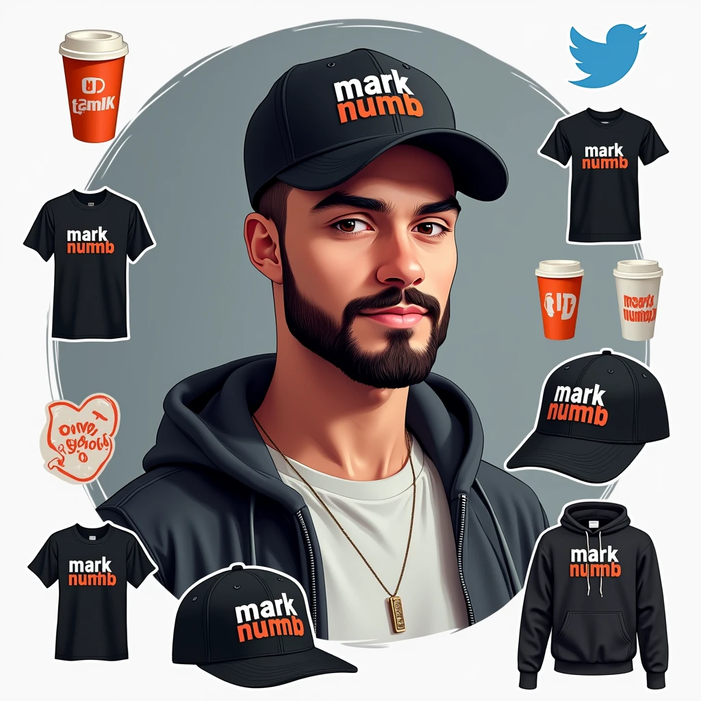 Create a social media profile photo for A young man with a beard and black basketball hat with the logo "Mark Numhb " with Facebook icon,Twitter icon ,Instagram icon ,twitter icon and tiktok icon where the person completes the design and puts them Vectors, Vector T-shirts, Vector Cups, Vector sticker,Vector Caps and Vector Hoodies Sell online