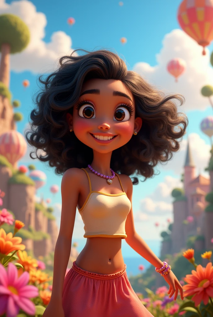 Create Disney Pixar style 3D poster capturing scene of a woman, who has medium curly black hair and brown skin and brown eyes 
