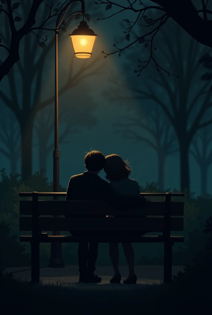 Prompt 2: A dimly lit scene showing two silhouettes on a park bench. One person leans over and rests their head on the other's shoulder, under the soft glow of a streetlamp.