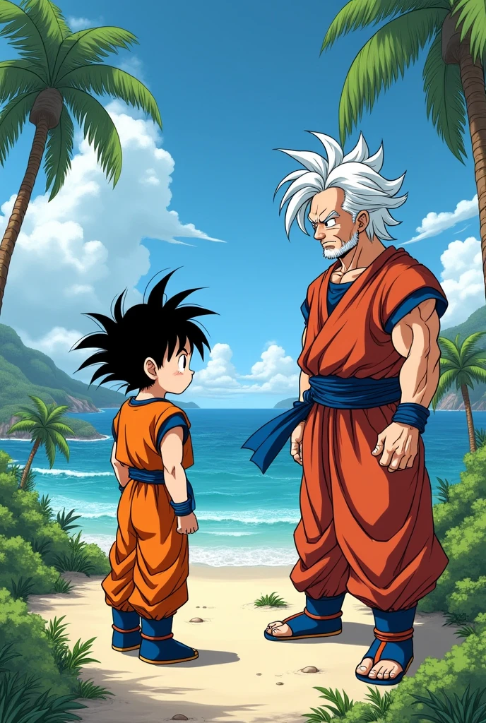 Goku as a child arrives at Master Kame&#39;s house and tells him what he saw, drawing style hq manga dragou ball z above generated
