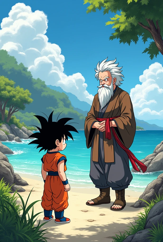 Goku as a child arrives at Master Kame's house and tells him what he saw, drawing style hq manga dragou ball z above generated