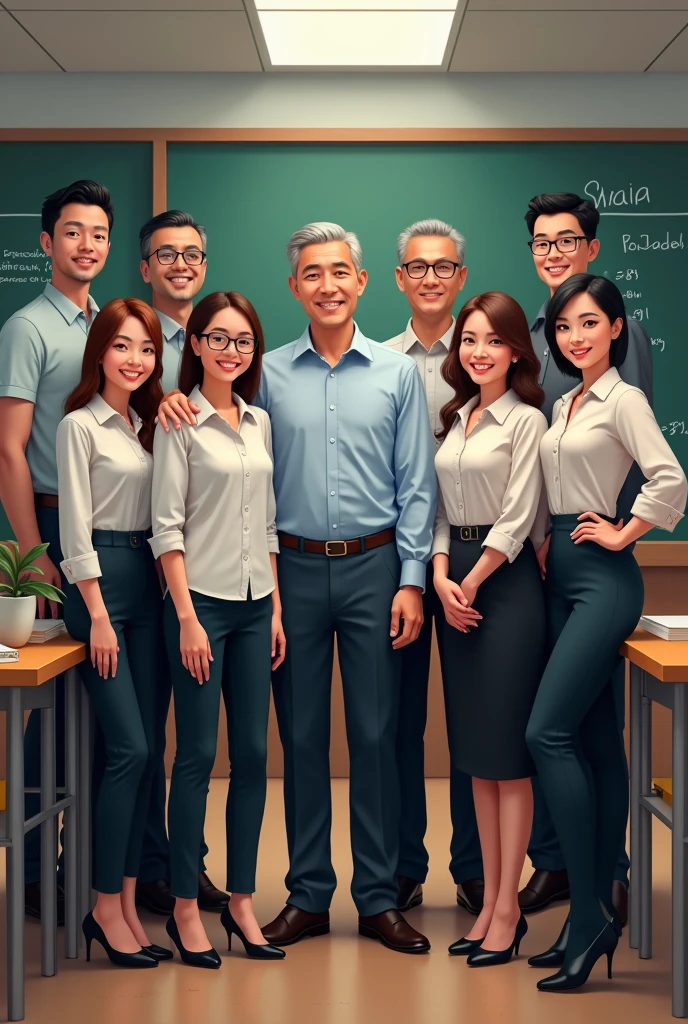 Create 4 pictures of 18 Thai people, 6 male teachers aged 45 years, 4 teachers aged 57 years, 2 female teachers aged 35 years, working in a secondary school.