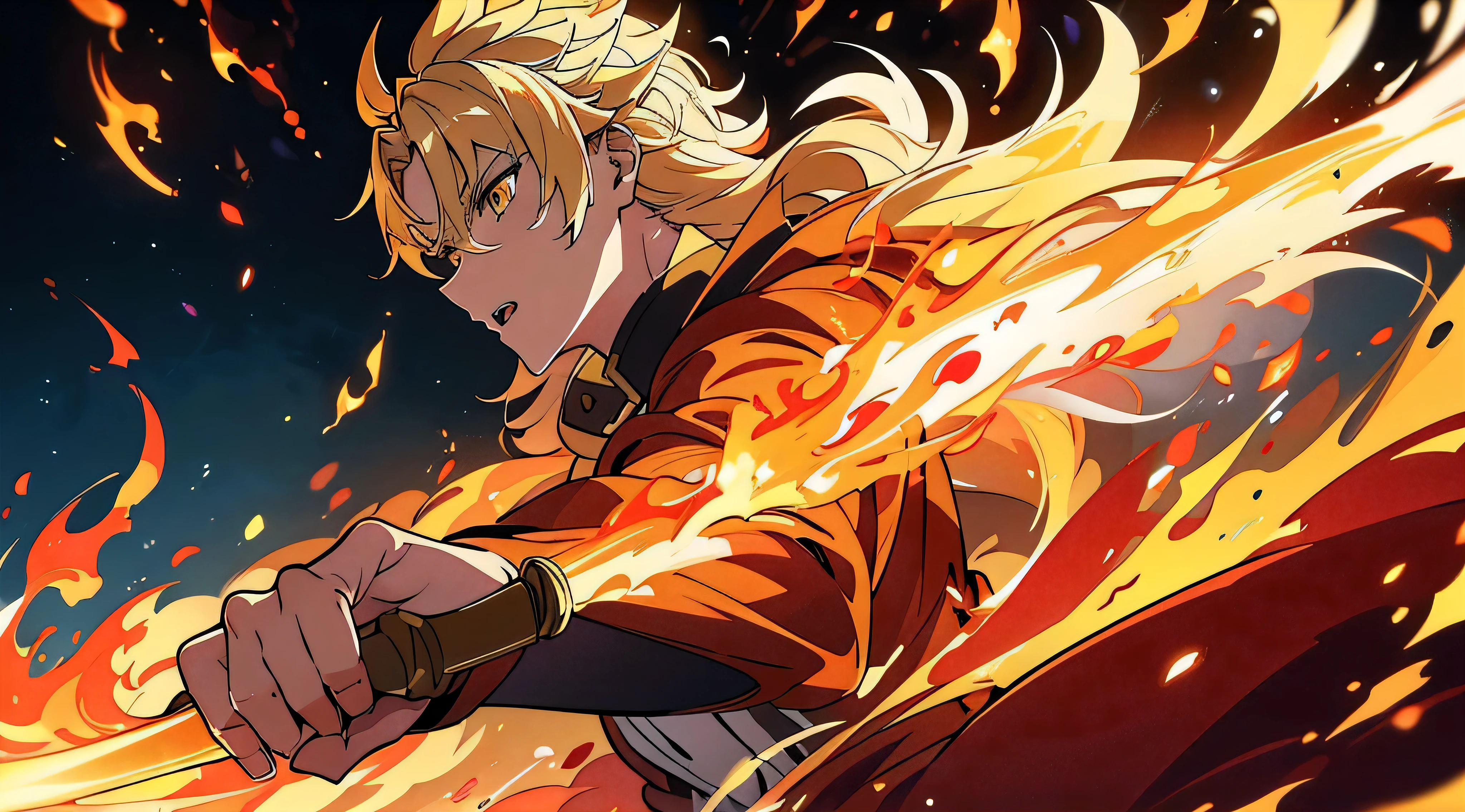 an intense fury of a man (blond half wolf boy with blond wolf ears and tail with golden eyes), blond showing a blade of fire with flames around his body with glowing golden eyes ,lights on complex background, work of art, high resolution, detailedeyes.