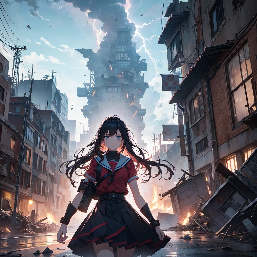 masterpiece、Bold, anime-style illustration、Dense painting、Humorous and crazy。1 high school girl、Cinematic lighting、Clench your fists、A high school girl awakens and stands up strong、Lightning strikes her、The background is a ruined city in the near future.。