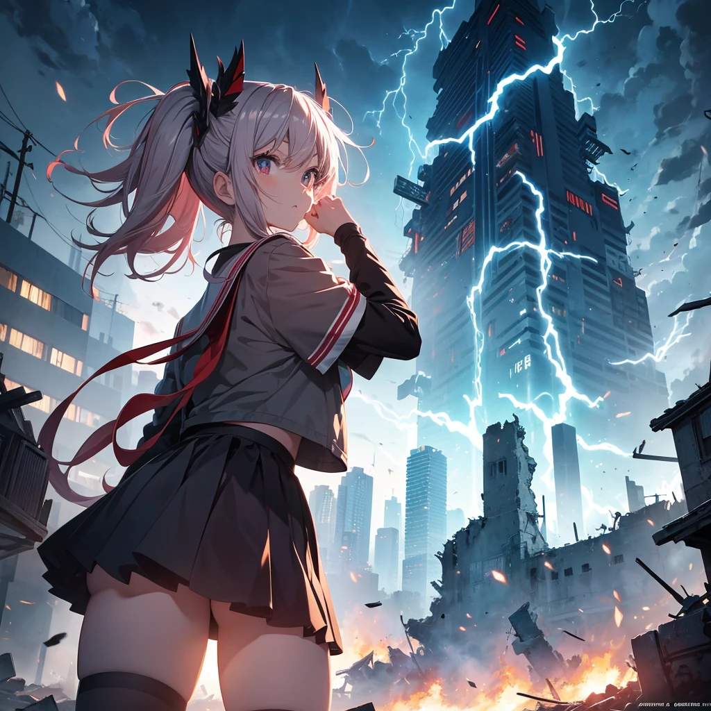 masterpiece、Bold, anime-style illustration、Dense painting、Humorous and crazy。1 high school girl、Cinematic lighting、Clench your fists、A high school girl awakens and stands up strong、Lightning strikes her、The background is a ruined city in the near future.。