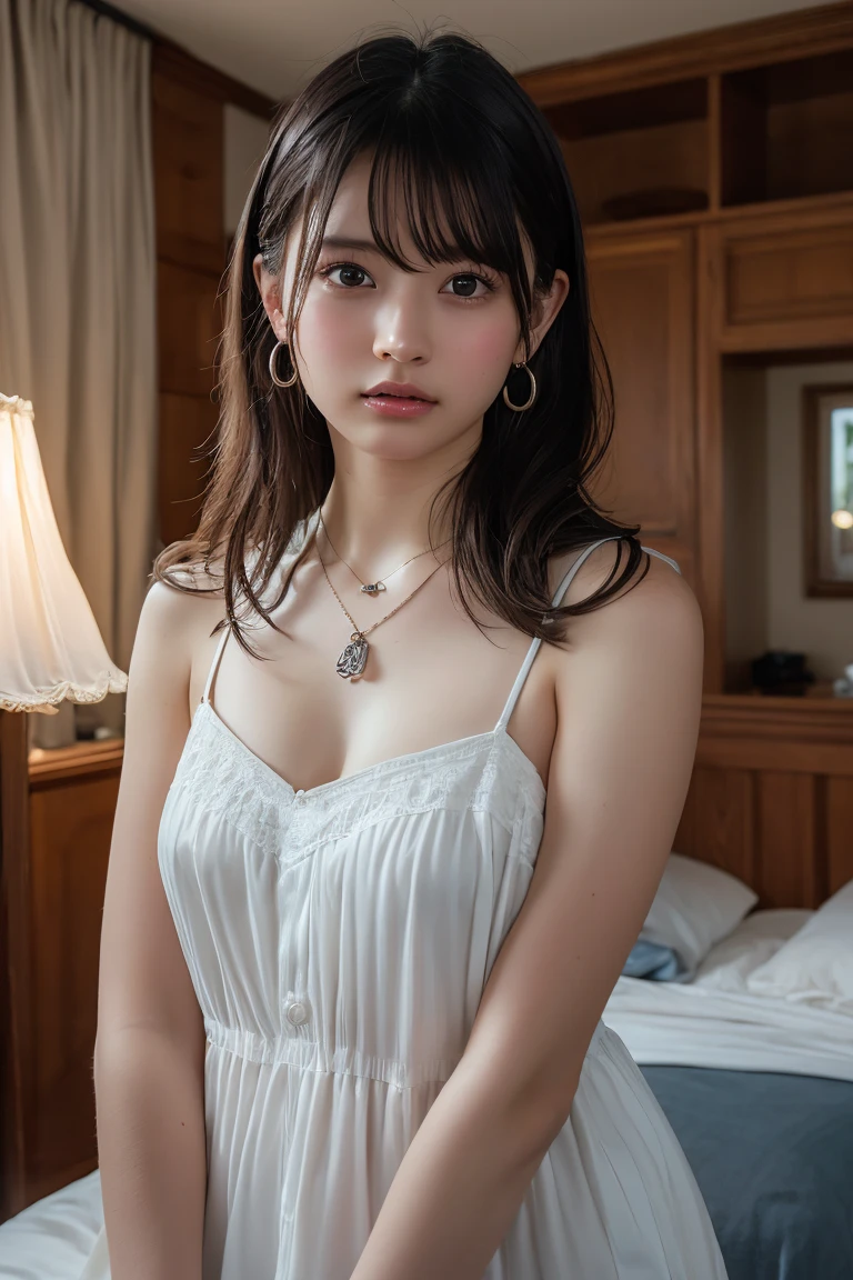 (Highest quality:1.4)，(masterpiece:1.4)，(Realistic:1.4)，(Realistic:1.2)，(超High resolution， RAW Photos:1.4)，(High resolution， Ultra-detailed:1.2)，(8k:1.2)，View your viewers，Cinematic photography，One person，skeletally correct，Black-haired woman，Woman in her early 20s，(Small earrings，necklace，Mellow frill tiered cami dress)，（Western-style building interior，Dimly lit room，The lamplight shines on my cheeks，kneel）