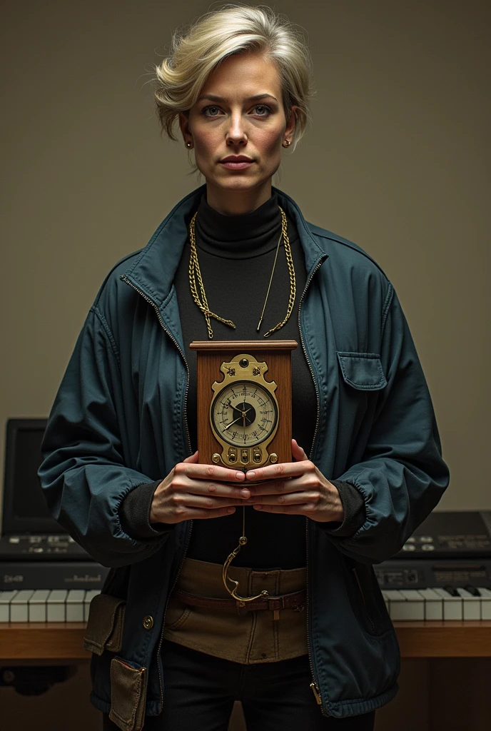 Create an image that represents the personification of a musical metronome as a human being. Imagine a person who is loved by many but also hated by many, reflecting the divisive nature of a metronome. They should have a balanced appearance, with a firm and confident posture, representing the precision and regularity of the metronome's beats. Their clothing might incorporate elements that resemble the swinging motion of a metronome, such as a pendulum or something similar, and perhaps an expression that conveys both serenity and intensity, showing how they are essential to some and annoying to others. The background could suggest a musical setting or a practice room to contextualize the character."