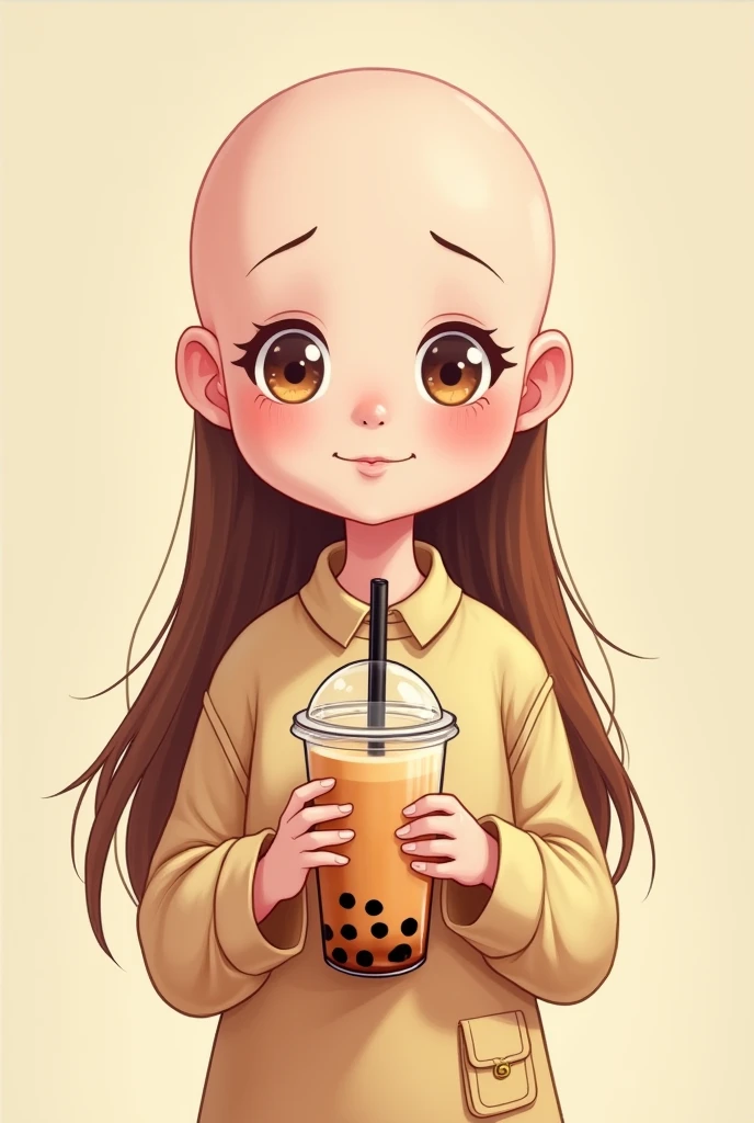Cartoon of a bald girl with long hair and holding a glass of pearl milk tea with a lid and a cute black straw, wearing a brand new milk tea-colored outfit.
