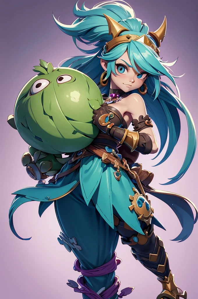 Rayman Legends style tree, character estilo art rayman legends, girl, fully body, viking style, Giant Accessories,Giant Monster, big breats,Little bunny,big breast, sensuality, elfo, mascot next door