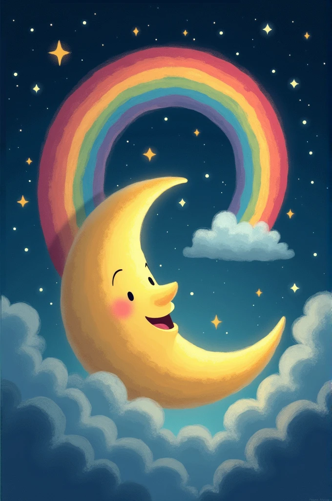 The Moon smiling as it creates a colorful rainbow in the night sky. The rainbow arcs across the scene, with small stars and clouds cheering in the background.