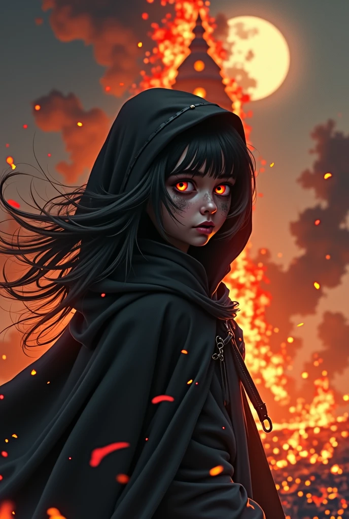 1 girl, black skin, black cloak with hood, dynamic lighting, dynamic angle, ((tower)), (burning tower), night, moon, fire everywhere, fire background, red eyes, soot on the face, dome of fire, tower on fire