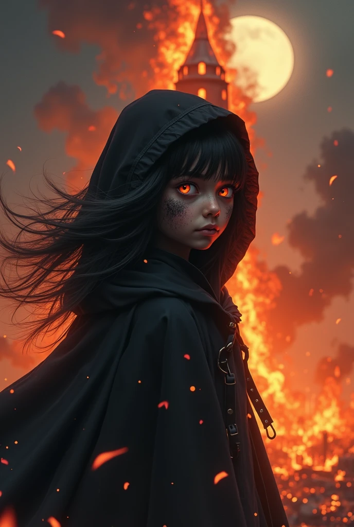 1 girl, black skin, black cloak with hood, dynamic lighting, dynamic angle, ((tower)), (burning tower), night, moon, fire everywhere, fire background, red eyes, soot on the face, dome of fire, tower on fire