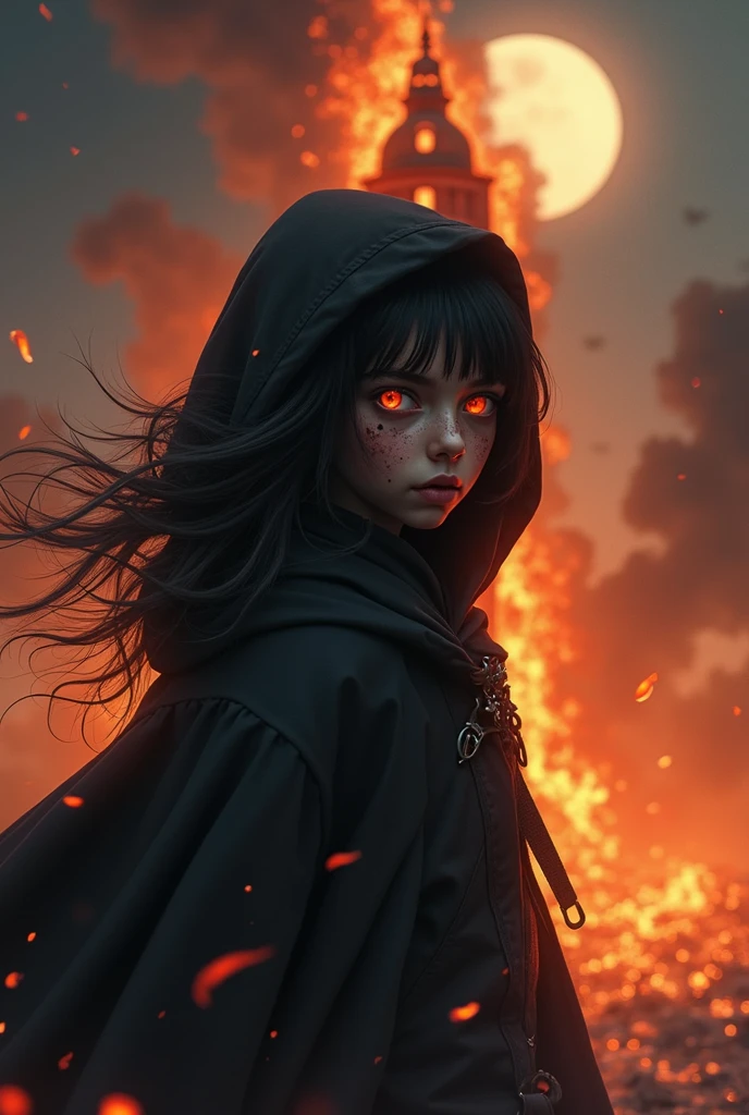 1 girl, black skin, black cloak with hood, dynamic lighting, dynamic angle, ((tower)), (burning tower), night, moon, fire everywhere, fire background, red eyes, soot on the face, dome of fire, tower on fire