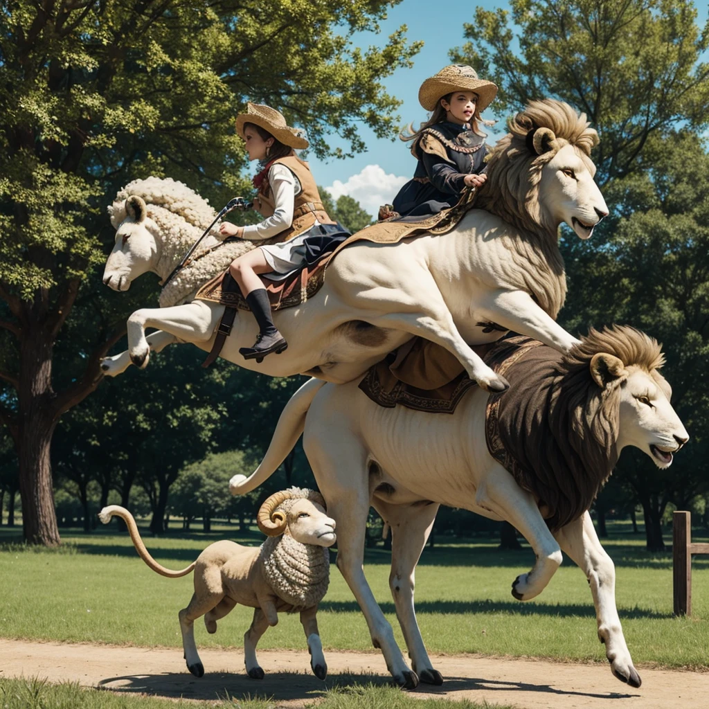  dressed as a sheep riding a lion in a park 