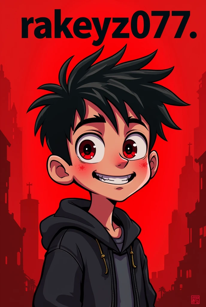 AI type picture generate cartoon baccha uske niche Naam rakhna hai Rakeyz077 khoon ka background ke sath 18 saal ka bacha aur use picture ke upar naam likha rahana chahie ( Rakeyz 077 ) ye Naam photo ke upar hona chahie