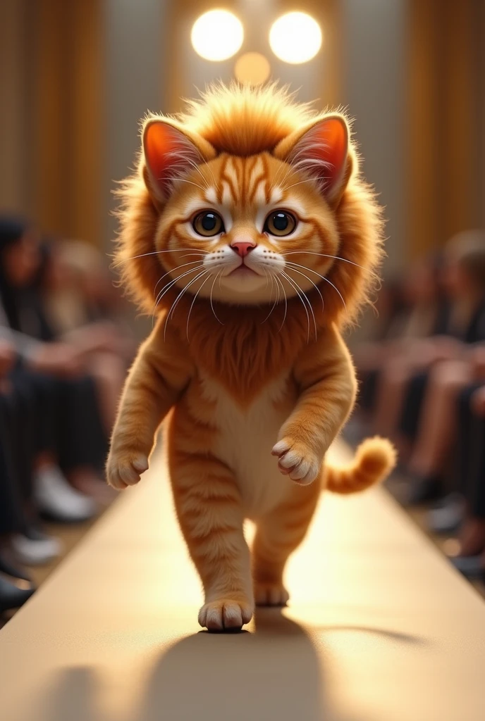 (photorealism:1.2), cute cat wearing lion suit
 walking on the runway 