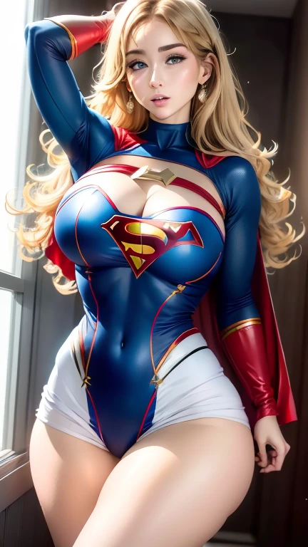 (Best quality, masterpiece, absurd)),1girl:1.3, solo:1.3,Beautiful woman,blue expressive eyes, beautiful woman,long blonde hair, 21 years, solo, 1girl,hourglass body,huge breasts, defined body, wearing superman cosplay((Supergirl cosplay bodysuit, skirt (waist up to half of thigh)supergirl, supergir short red cape)), bright colors