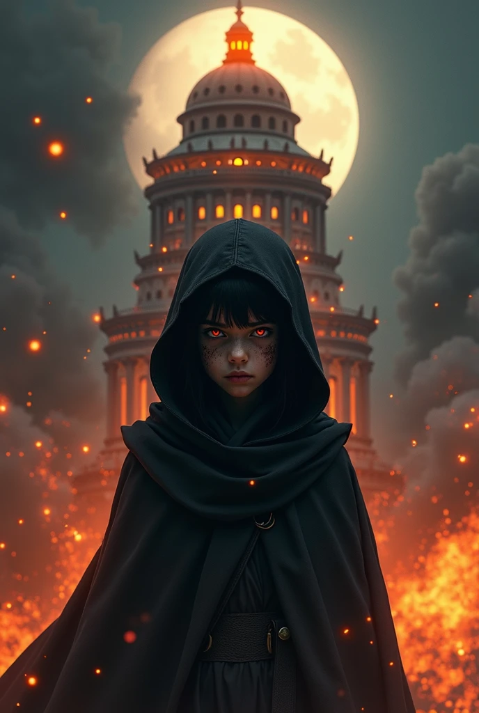 1 girl, black skin, black cloak with hood, dynamic lighting, dynamic angle, ((tower)), (burning tower), night, moon, fire everywhere, fire background, red eyes, soot on the face, dome of fire, tower on fire