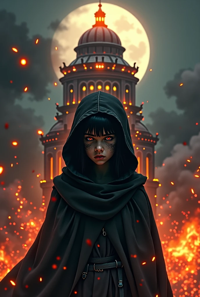 1 girl, black skin, black cloak with hood, dynamic lighting, dynamic angle, ((tower)), (burning tower), night, moon, fire everywhere, fire background, red eyes, soot on the face, dome of fire, tower on fire