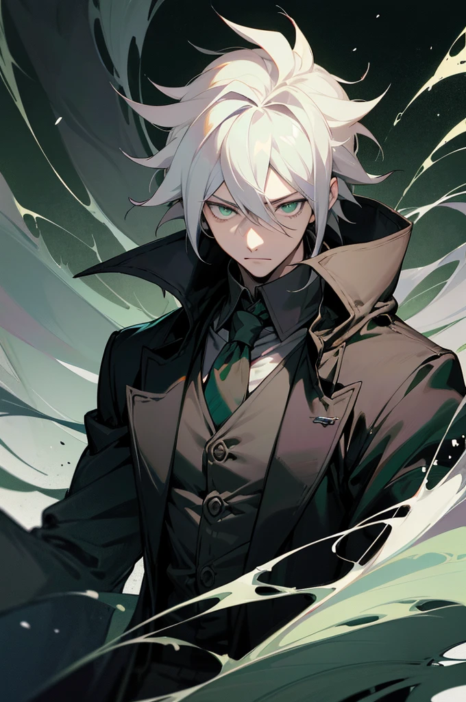 anime character with white hair and green eyes in a dark background, he has dark grey hairs, black jacket, thancred waters in style of wlop, portrait of thancred, serious face, a silver haired mad, nagito komaeda, zerochan art, by Shitao, son of sparda, thancred waters, made with anime painter studio, upper body, dark skies background, light green eyes, muscular, black turtle neck shirt, manly face, mature male, musculaar , upper body onl