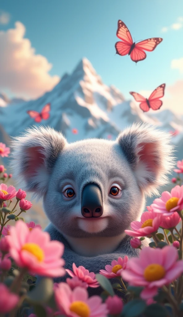 koalaの顔、Loading flowers、butterfly々Fluttering、Beautiful sky、The Alps in the background、Real、Super detailed、3d、koala、Lullaby、Ultra-clear、High resolution, Anatomically correct, masterpiece, accurate, 最高quality, detail, 高いdetail, High-resolution model, 高quality, Ultra high definition, Very detailed, quality, teeth, tongue, accurate, 