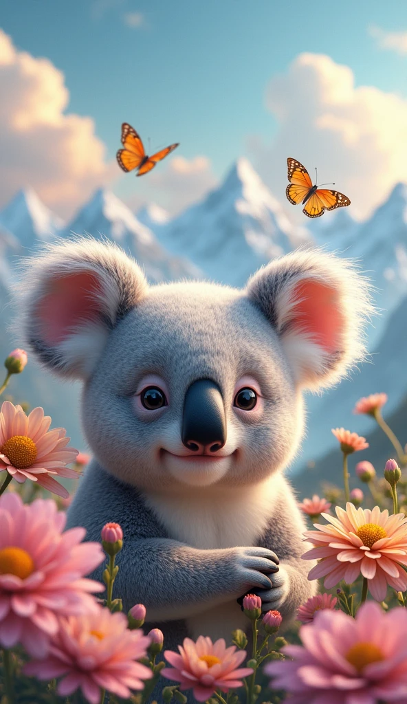 koalaの顔、Loading flowers、butterfly々Fluttering、Beautiful sky、The Alps in the background、Real、Super detailed、3d、koala、Lullaby、Ultra-clear、High resolution, Anatomically correct, masterpiece, accurate, 最高quality, detail, 高いdetail, High-resolution model, 高quality, Ultra high definition, Very detailed, quality, teeth, tongue, accurate, 