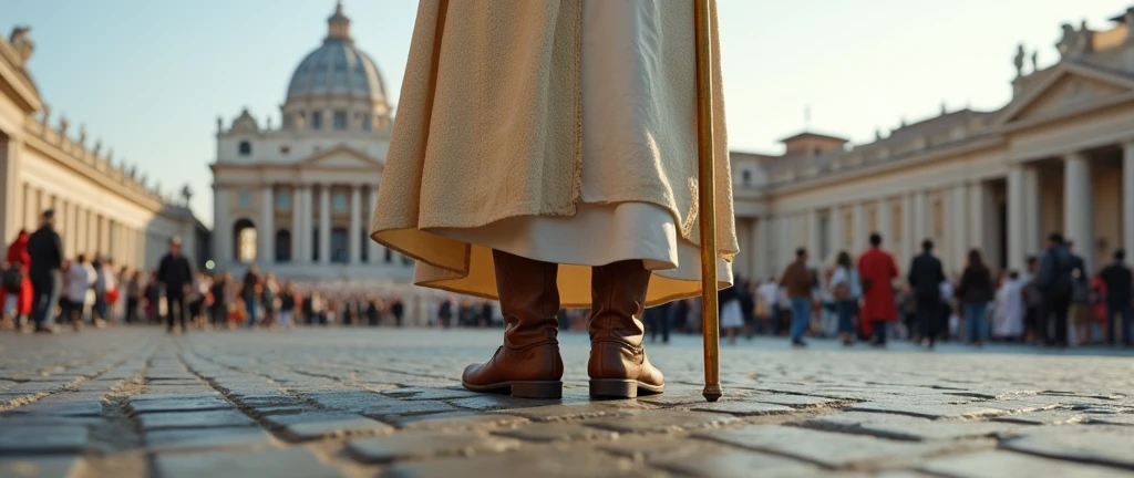 The camera is on the ground and the focal point of the image is the close on the boots a of Pope. Pope is standing back to the camera and wearing a rustic laceless, brown, high-top leather boots, typical of field workers. The Pope wears a white tunic decorated with papal insignia, a cloak and a long golden papal scepter with a cross on the top next to him . The background is a panoramic view St. Peter's Basilicain the Vatican, crowded with tourists. The scene captures the moment of religious significance and the historical and artistic richness of St. Peter's Square. Ultrarealistic Ultrarealistic photo, 16k, ultra high resolution, photorealistic, Ultra HD.