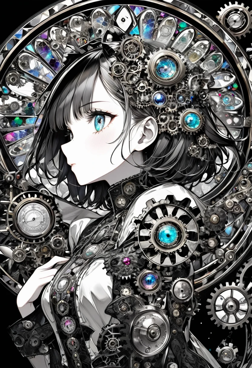 best quality, super fine, 16k, incredibly absurdres, extremely detailed, delicate and dynamic, stained glass kaleidoscope made of jewels of various colors, with mechanical mechanisms, clockwork mechanisms, and gear mechanisms, monochrome girl peering into it, iridescent world artwork