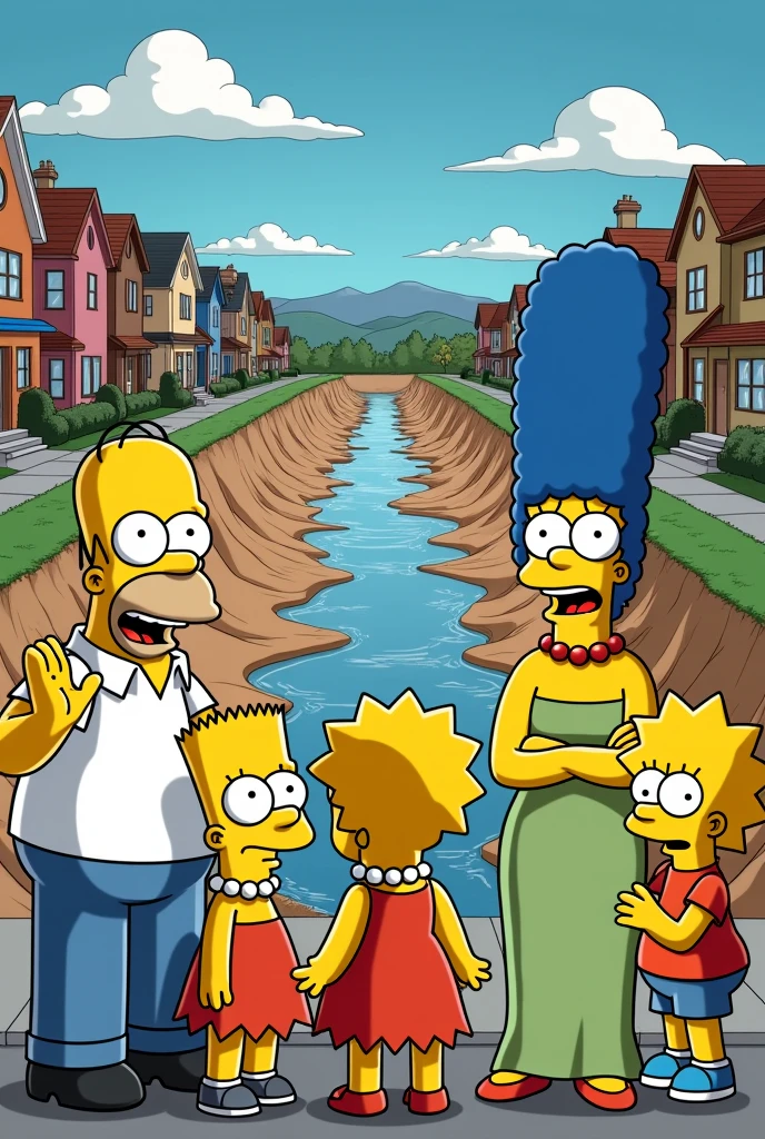 a simpsons style image of many simpsons looking in shock as the river has dried up