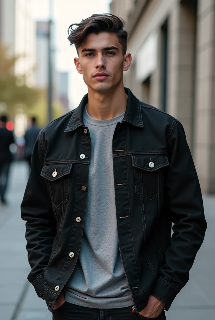 A 20-year-old man with a height of 171 centimeters and a weight of 70 kilograms wearing a semi-croptop black trucker jacket and a gray t-shirt