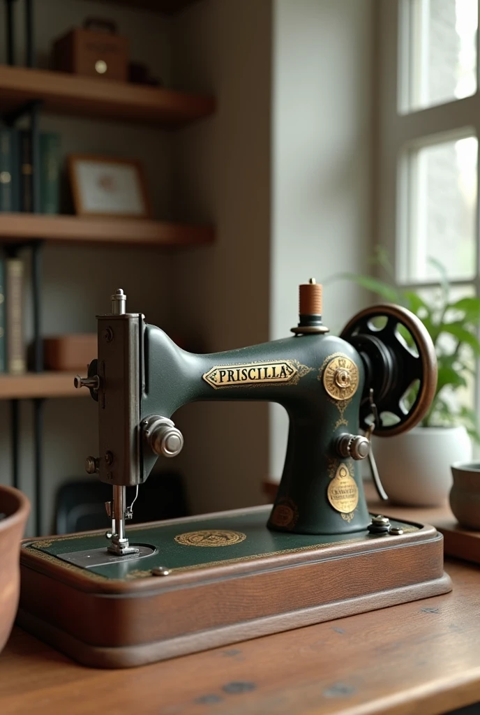 Clothing brand stamp, feminine for all ages, that inspires admiration and respect, that they are just letters with a minimalist design, The brand is called Priscilla designs, with some sewing accessory like an old and vintage sewing machine by a girl