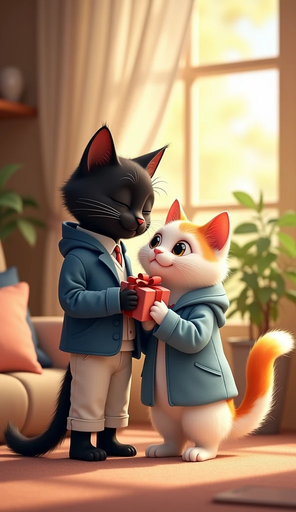 Image 9**: The couple is back at their cozy home, with a warm ambiance. The long height black cat wearing a blue jacket and white pant is holding a small box, possibly a gift, and the rainbow-colored short white cat is wearing pink grown is smiling brightly, her eyes full of love.