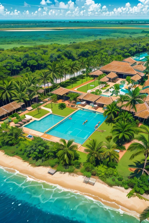 An illustrated aerial view of a tropical water park in the Pantanal. The scene features a variety of water slides and pools, including a swim-up bar and splash pads. The surrounding area is rich with green vegetation, palm trees, and expansive views of the natural landscape.