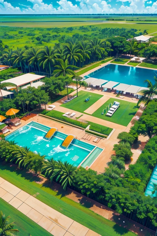 An illustrated aerial view of a tropical water park in the Pantanal. The scene features a variety of water slides and pools, including a swim-up bar and splash pads. The surrounding area is rich with green vegetation, palm trees, and expansive views of the natural landscape.