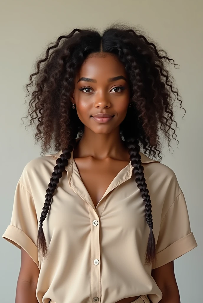 Repeat image Woman with a very real physique, young age 1 with curly braided hair, large and wide forehead with a nude blouse, light brown skin, full body image