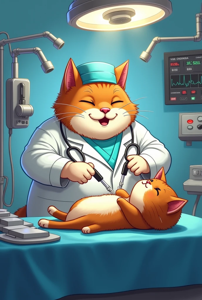 Fat cat in a doctor professions. Perform surgery of sick cats in a operation threate. 