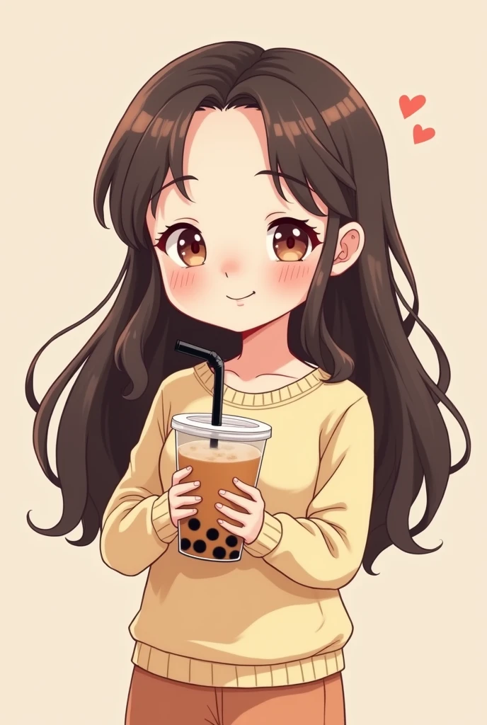 A cartoon of a girl with a receding hairline, not bald, with long hair and holding a glass of pearl milk tea with a lid and a cute black straw, wearing a brand new milk tea-colored outfit.