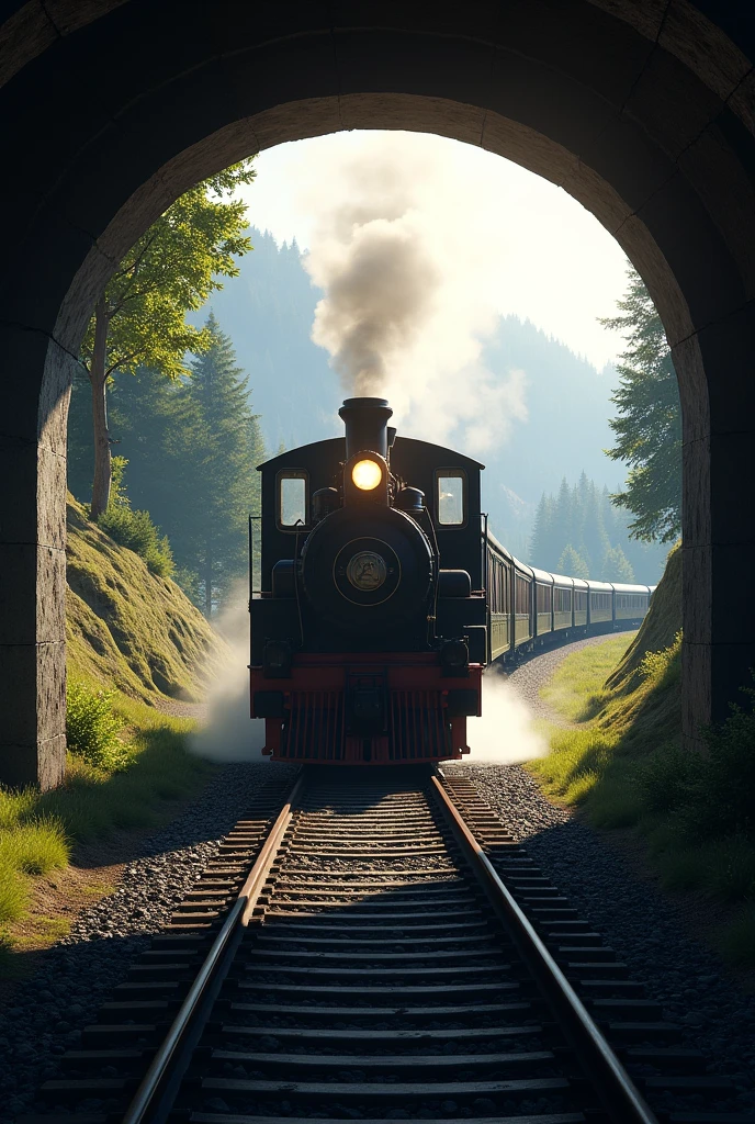 A train is leaving a railway tunnel