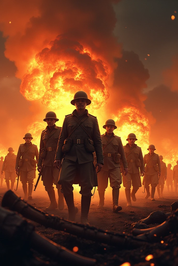 Create a movie poster design, historic war, fire explosion, warm color tone