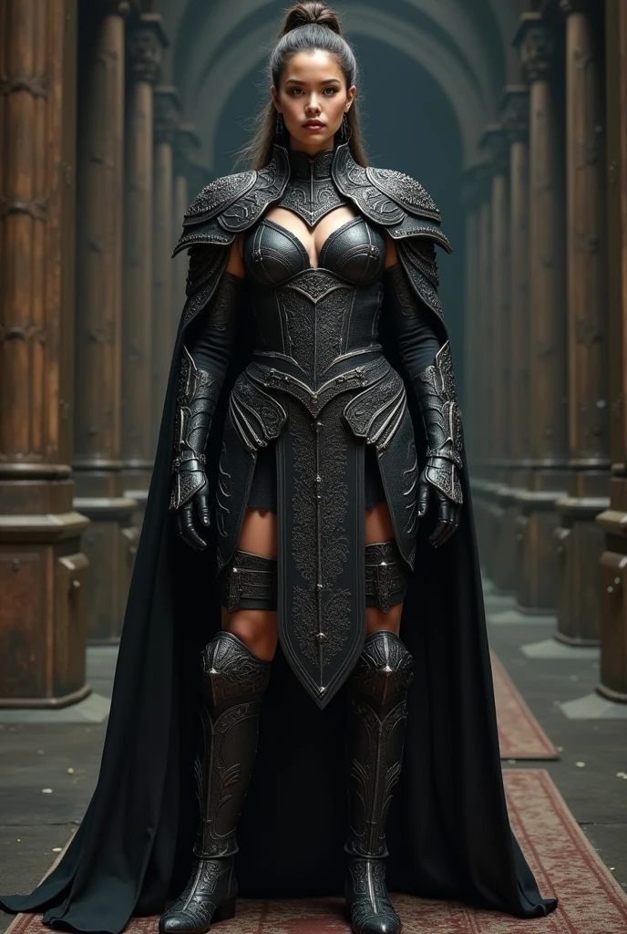 beautiful warrior woman wearing black leather body armor with insanely detailed and intricate with hypermaximalist embossed pattern, battle-ready pose, super detailed, cinematic light, fantasy, 3/4 photo shot, from above head to knee viewframe