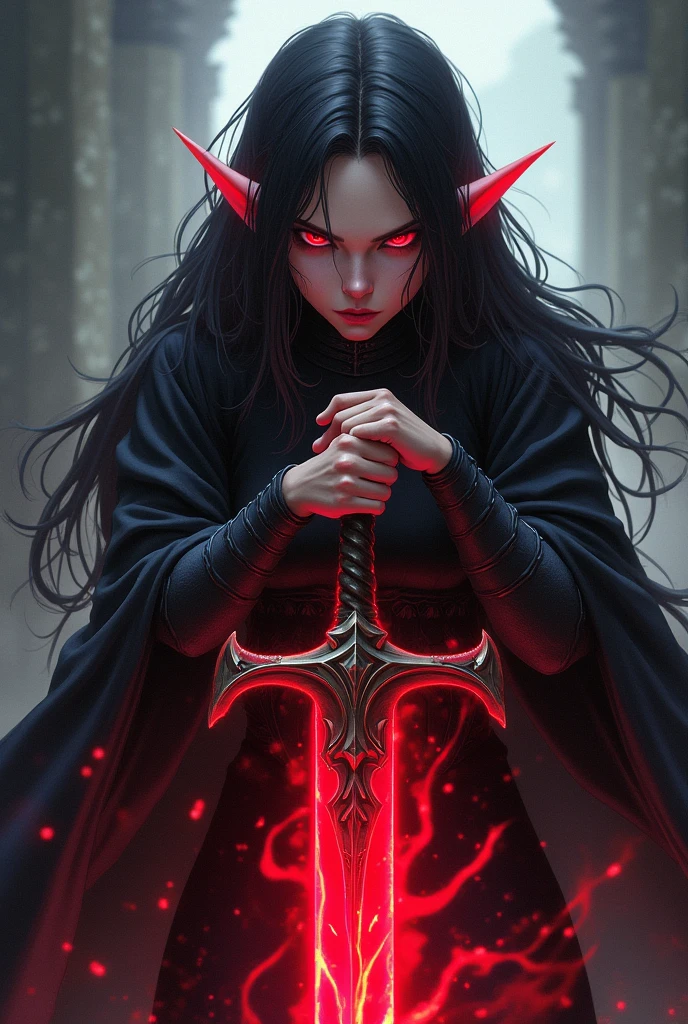 Generate an anime-style character with a half-elf appearance, with a sword with a red aura, this character has dark powers and scary eyes