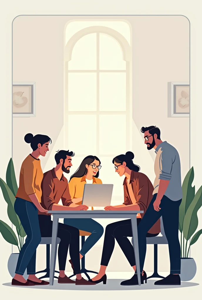 Create an image of people discussing a project in front of a computer, but make it in a rectangular shape