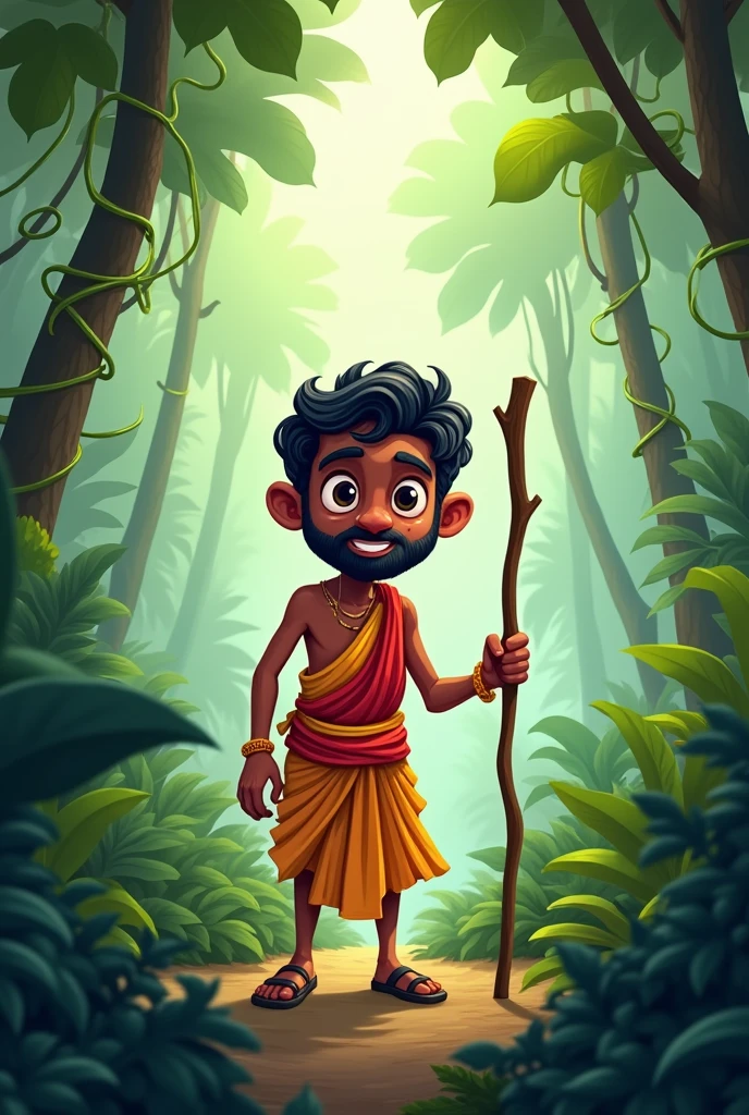 A shepherd, who is searching for something in the jungle, is holding a stick in his hand. He is wearing a dhoti and a kurta on top..create a cartoon image of that 