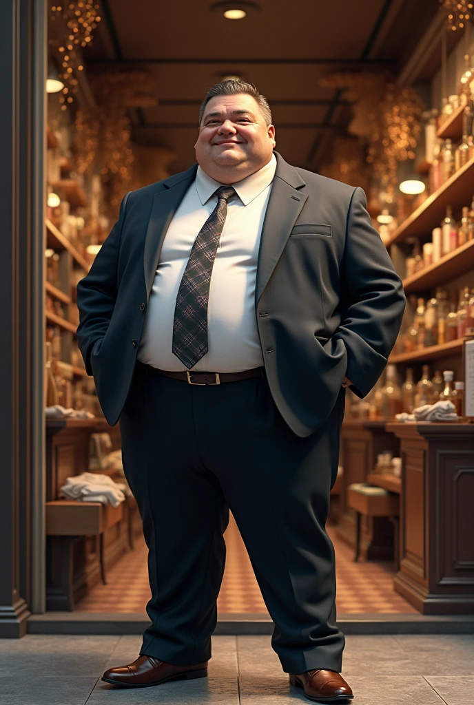 A realistic pics of a very rich man, with fat stomuch , stander in front of his shop,full of goods