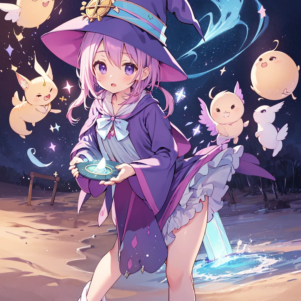 piece
,absurderes, hight resolution, (Anime style:1.1), ((masutepiece)), ((Best Quality)), (Ultra-detailed), (Beautiful),Beautiful face、(liftup),Cute s、(sandbox:1.4),in a panoramic view,Cute old girl solo, Purple dress、ighly detailed, cinematic lighting effect,4K,tmasterpiece,offcial art、(((((Long、magical 、magia)))))witch's hat、witch's wand、((Purple long hair))The fantastic scenery,
