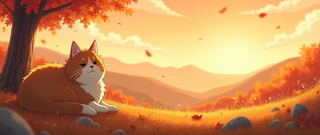 Cat, Cozy Anime ,Lofi ,Ultrawide ,Ghibli vibes , Wide view ,Fall ,landscape